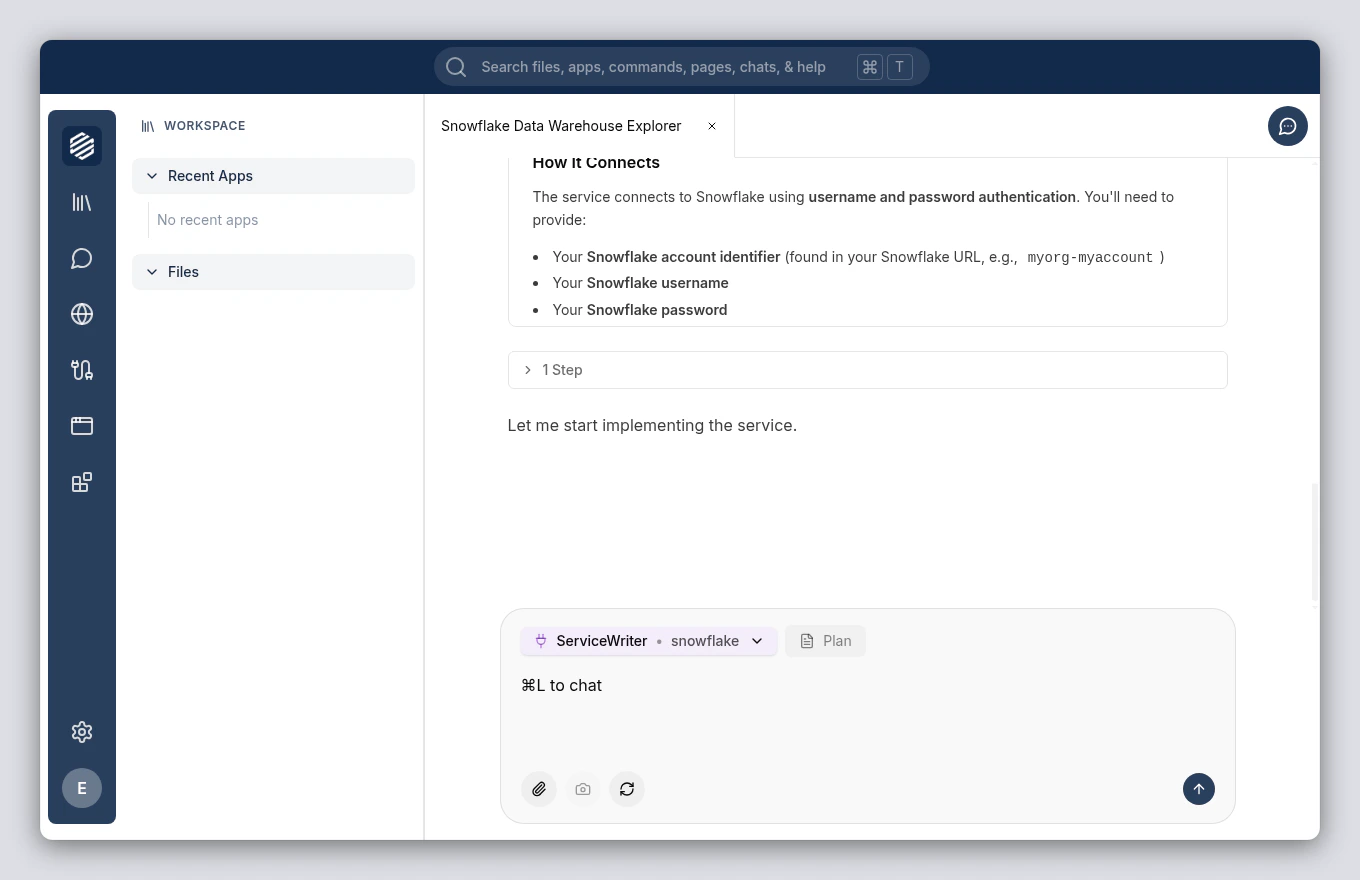 Tool call progress visible in the chat during the service build