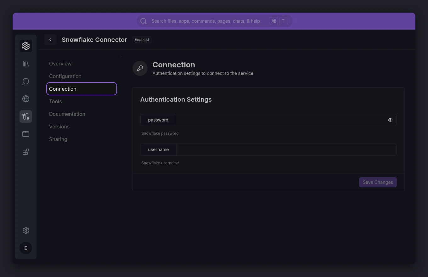 Service connection tab showing Snowflake credential fields