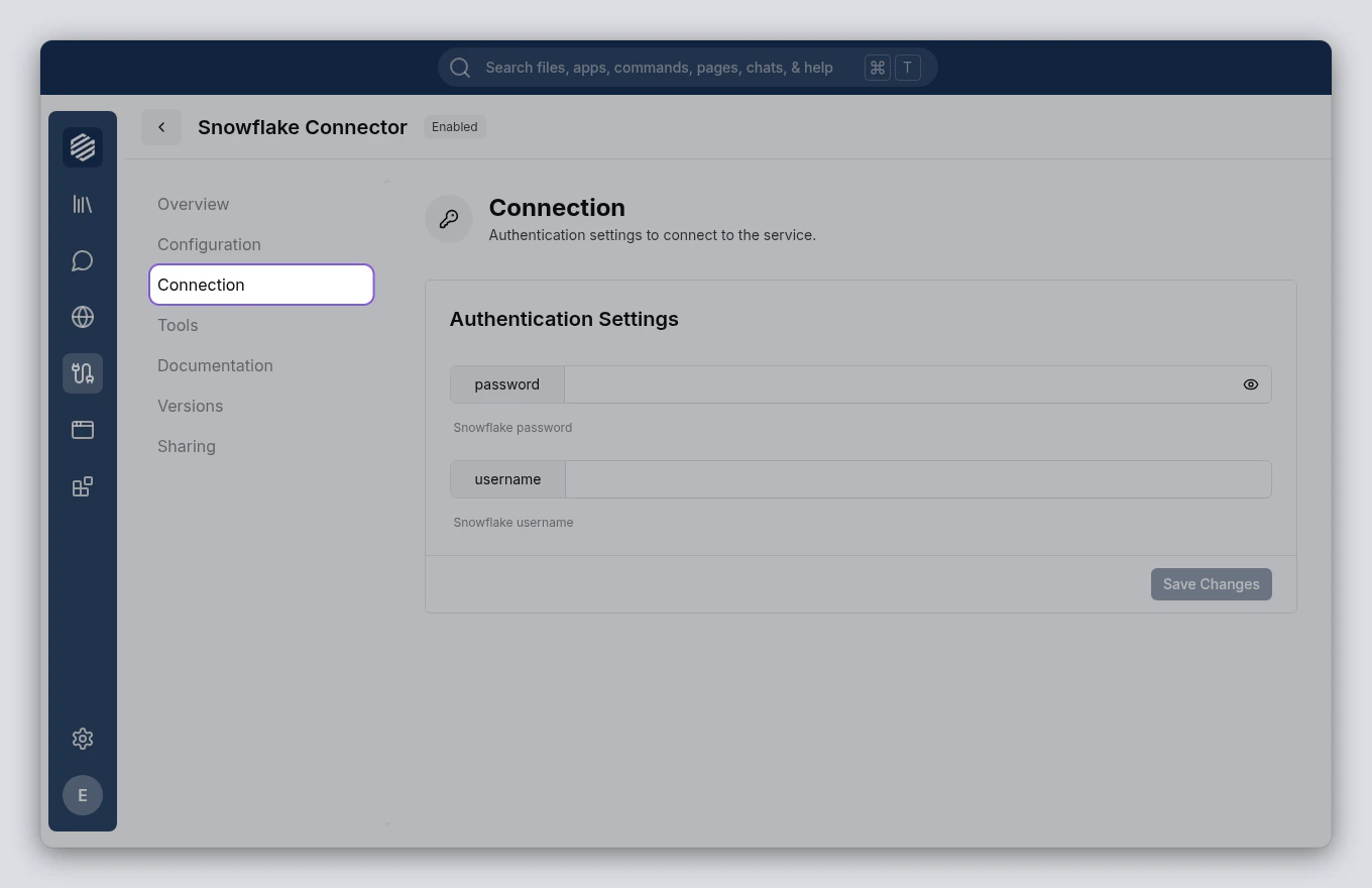Service connection tab showing Snowflake credential fields