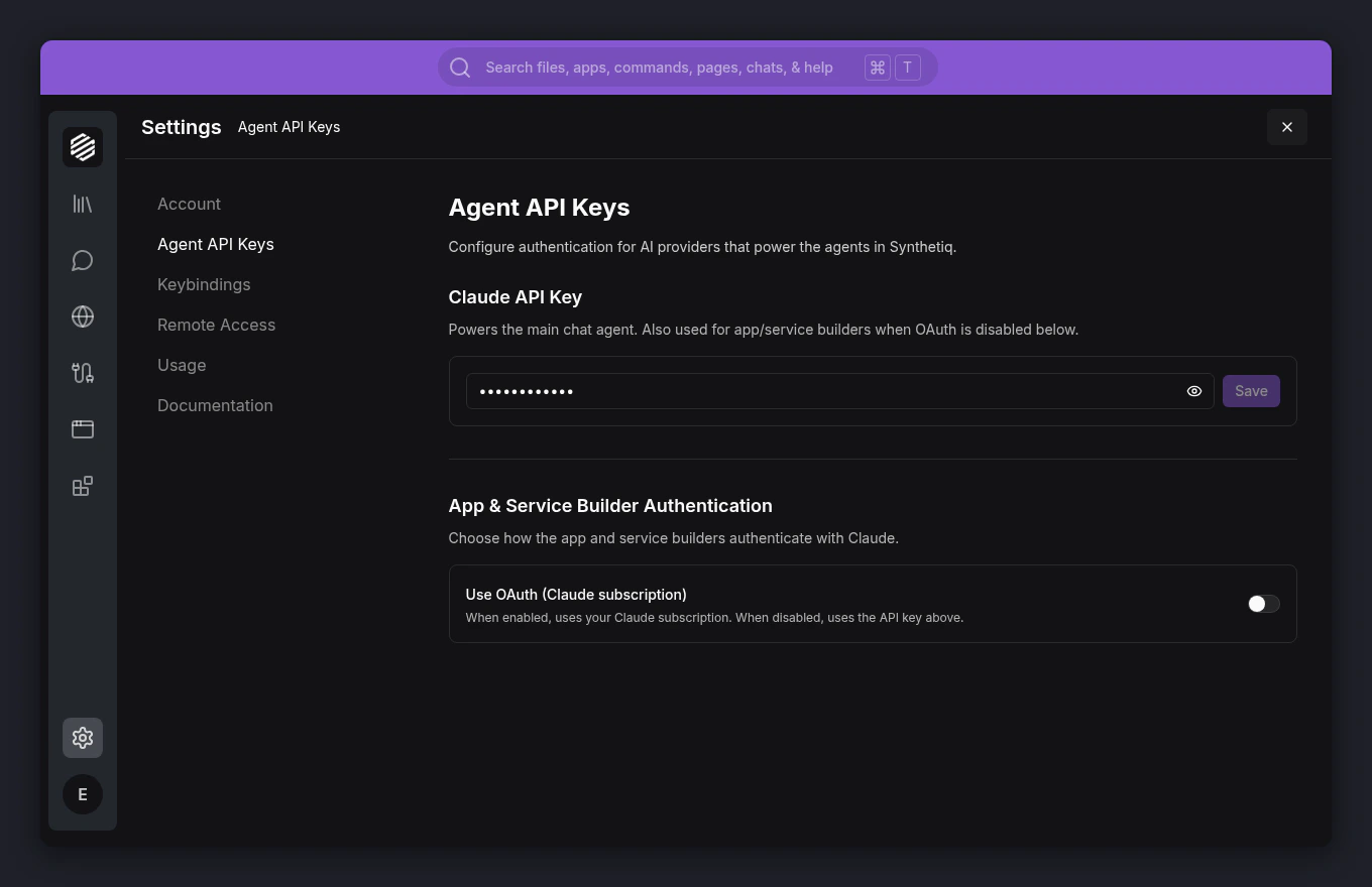 Settings panel with Agent API Keys selected