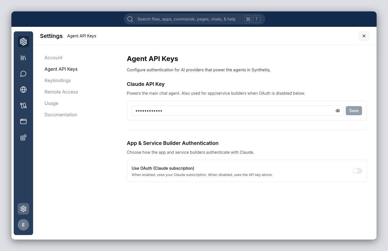 Settings panel with Agent API Keys selected