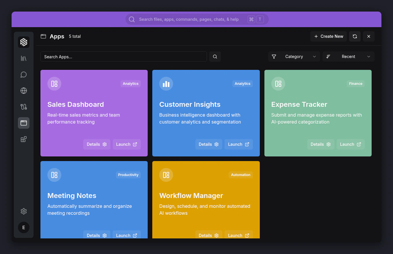 The Apps panel showing a grid of installed app cards with colorful category badges