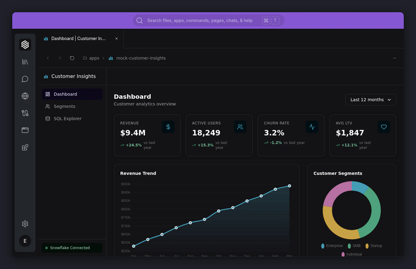 A running app displayed inside the Synthetiq browser tab with the simplified navigation bar at the top