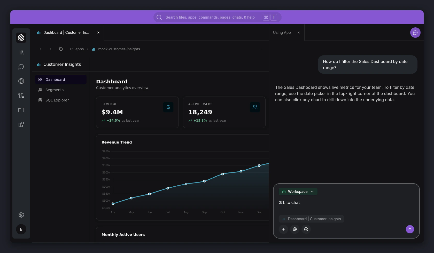 The Customer Insights app running side-by-side with the chat panel, which shows a question about the Sales Dashboard and the agent's response explaining how to filter by date range