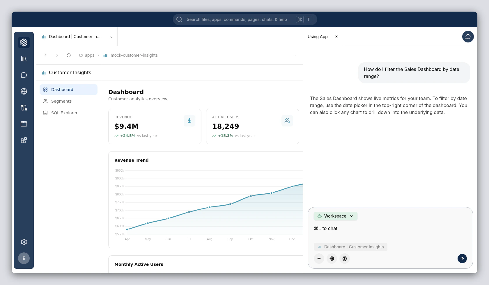 The Customer Insights app running side-by-side with the chat panel, which shows a question about the Sales Dashboard and the agent's response explaining how to filter by date range