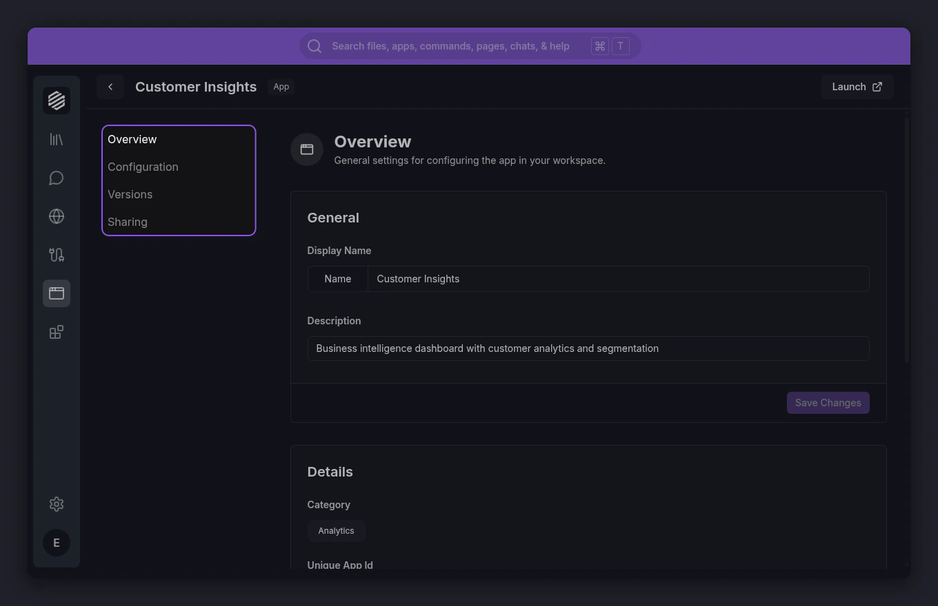 The app details view showing Customer Insights with a sidebar containing Overview, Configuration, Versions, and Sharing sections highlighted