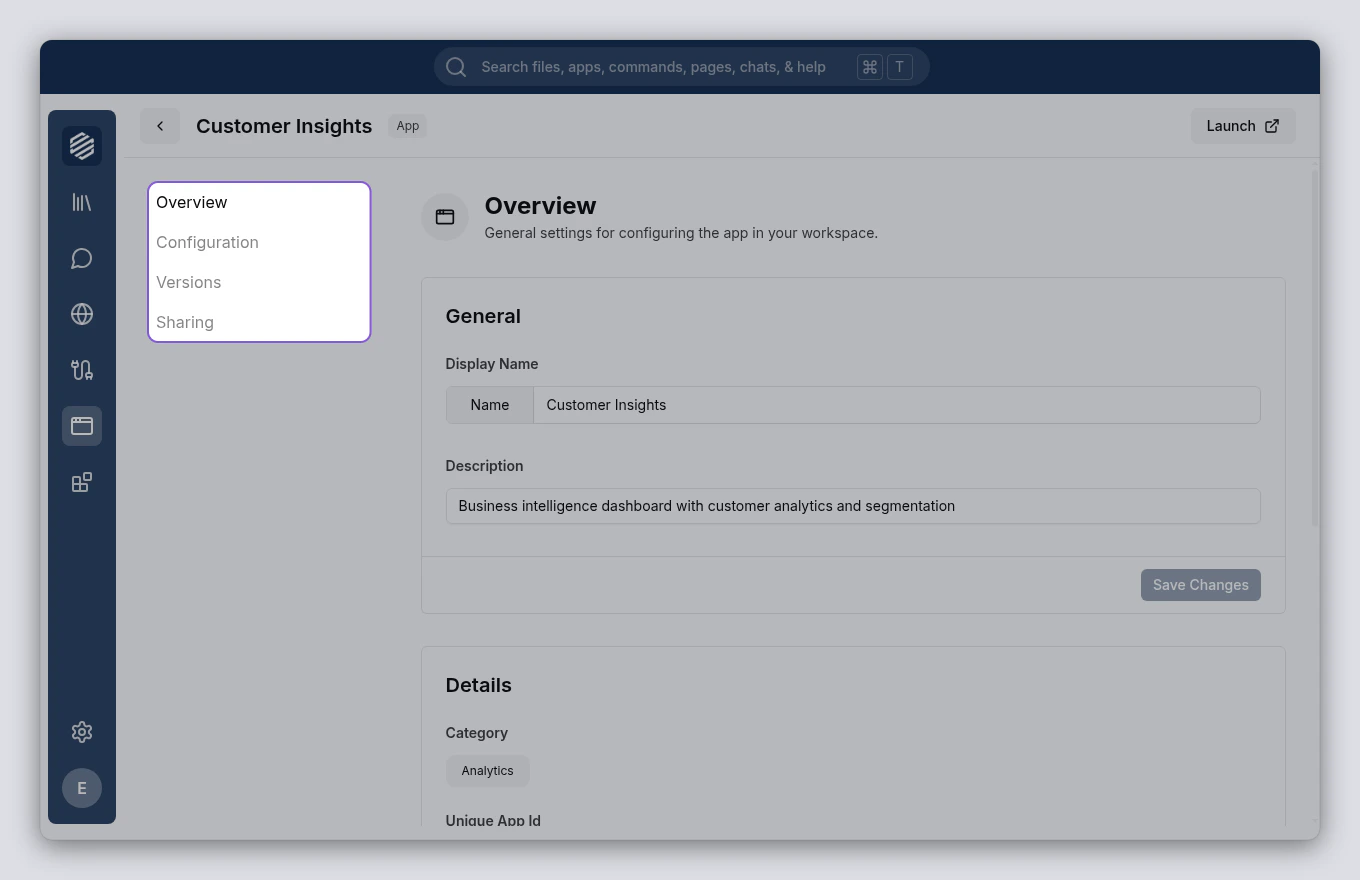 The app details view showing Customer Insights with a sidebar containing Overview, Configuration, Versions, and Sharing sections highlighted