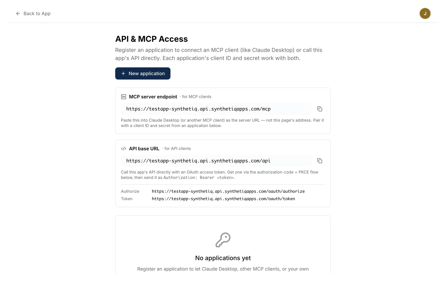 The API & MCP Access page showing the MCP server endpoint card (for MCP clients) with its copy button, above the API base URL card