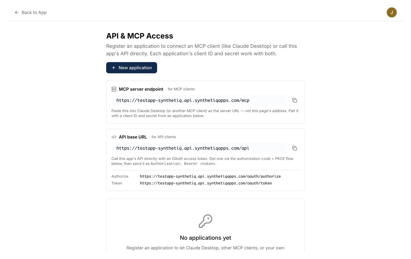 The API & MCP Access page showing the MCP server endpoint card (for MCP clients) with its copy button, above the API base URL card