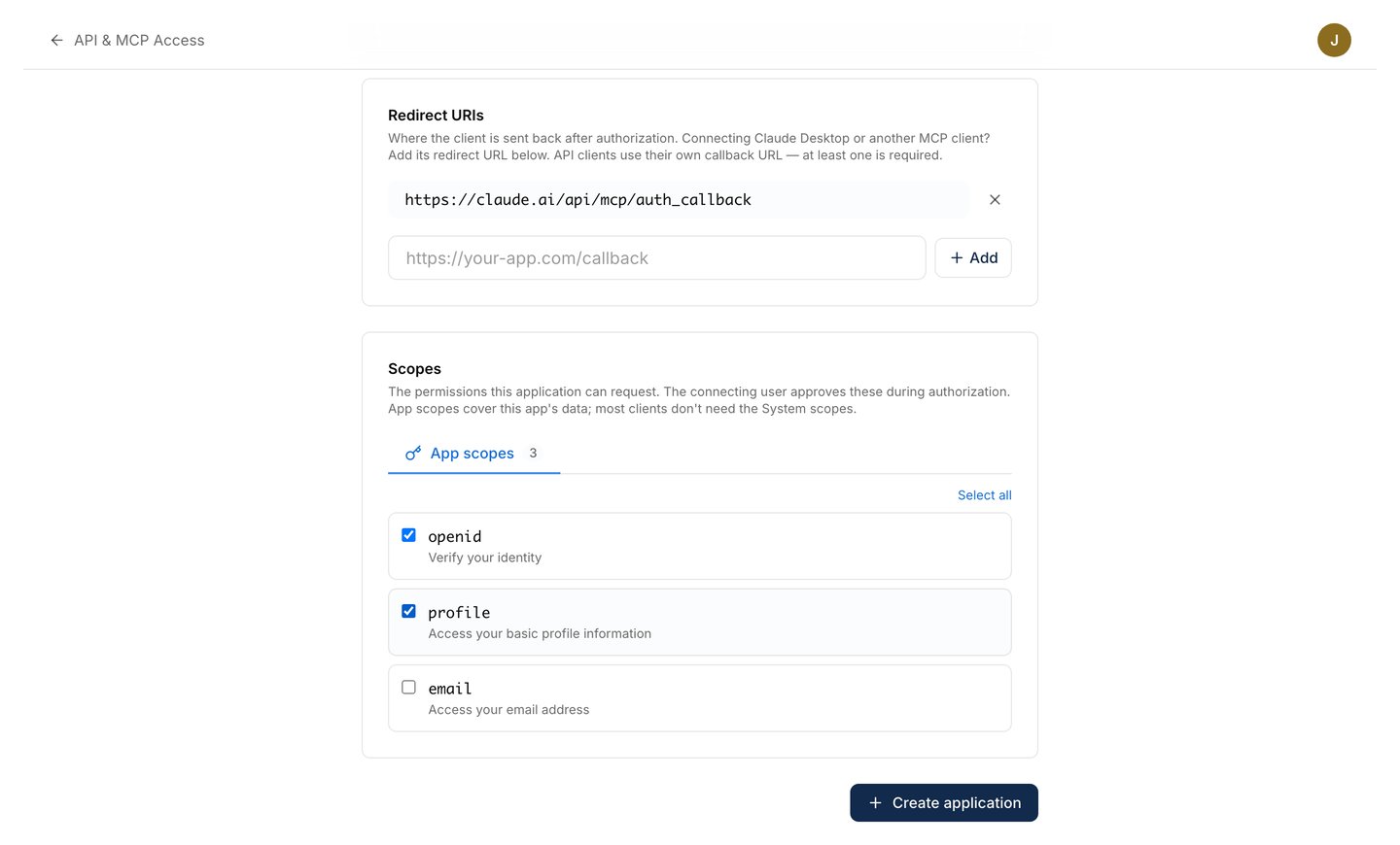 The New application form with a name, Claude's redirect URL added, and App scopes selected