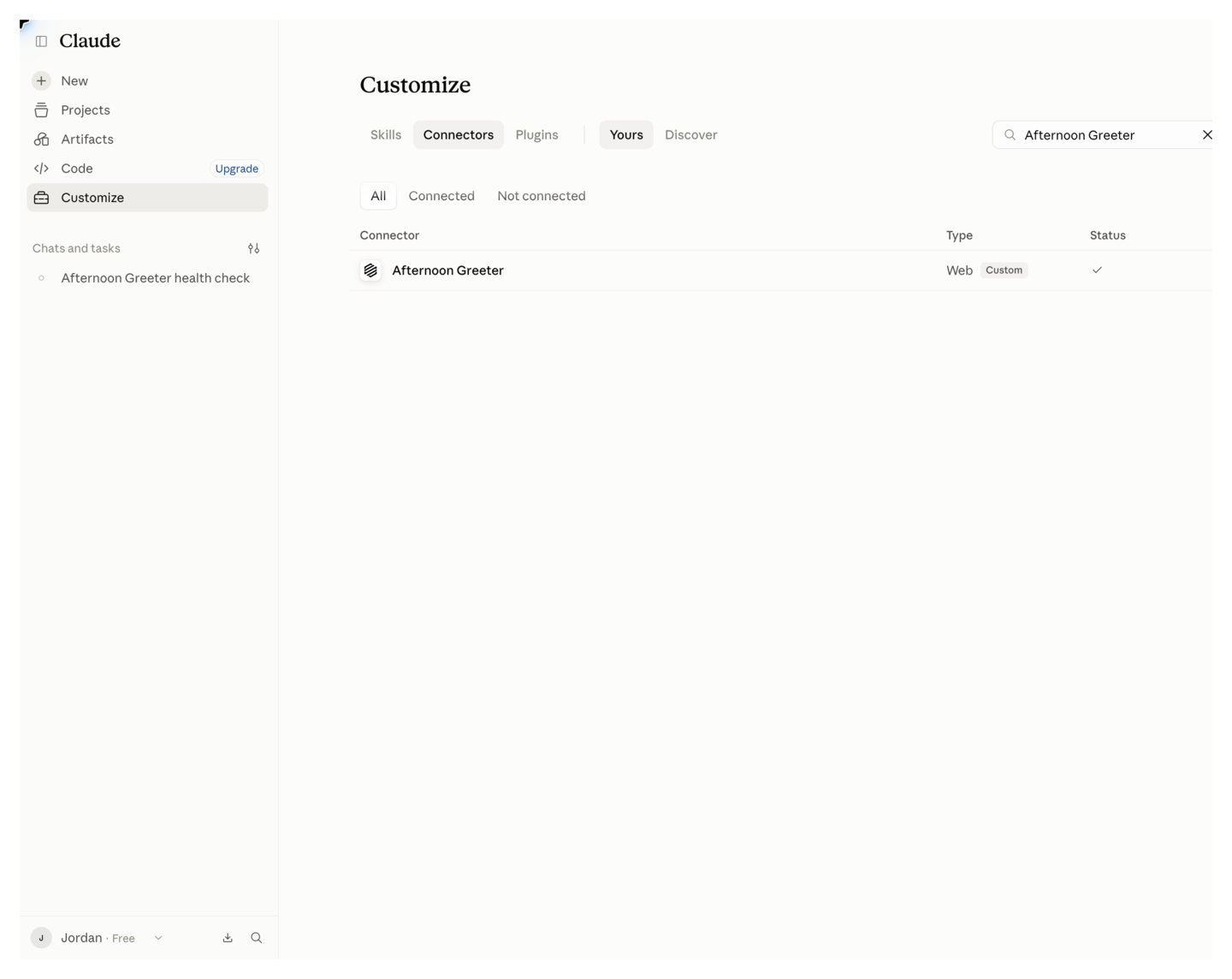 Claude's Customize page with the Connectors tab selected