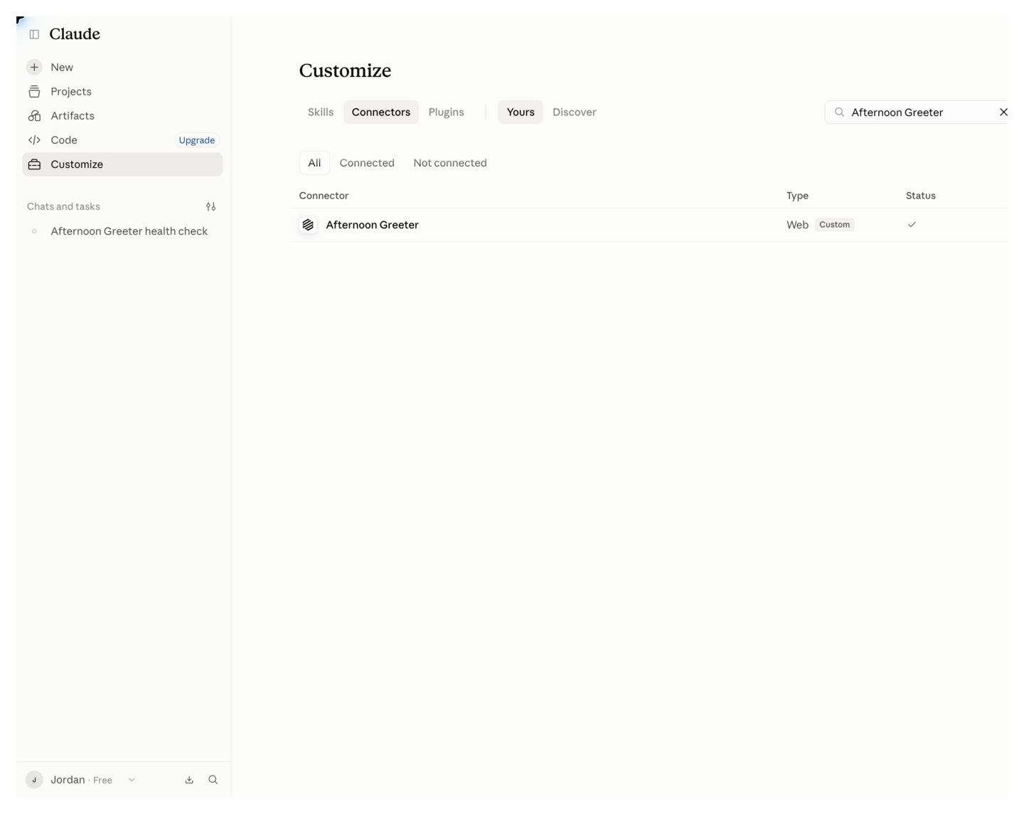 Claude's Customize page with the Connectors tab selected
