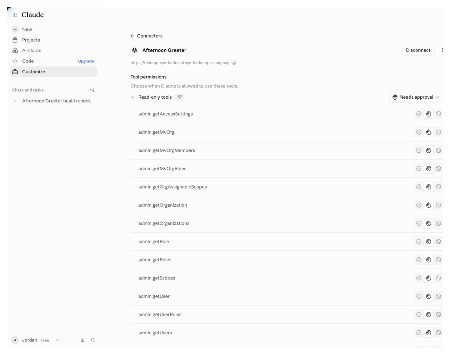 Claude showing the connector's tool permissions