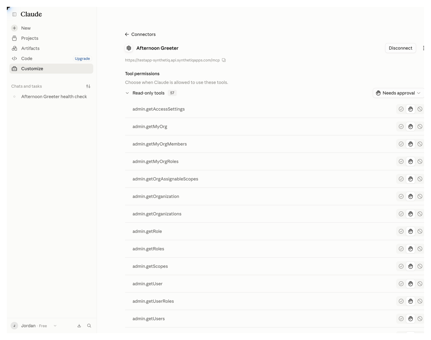 Claude showing the connector's tool permissions