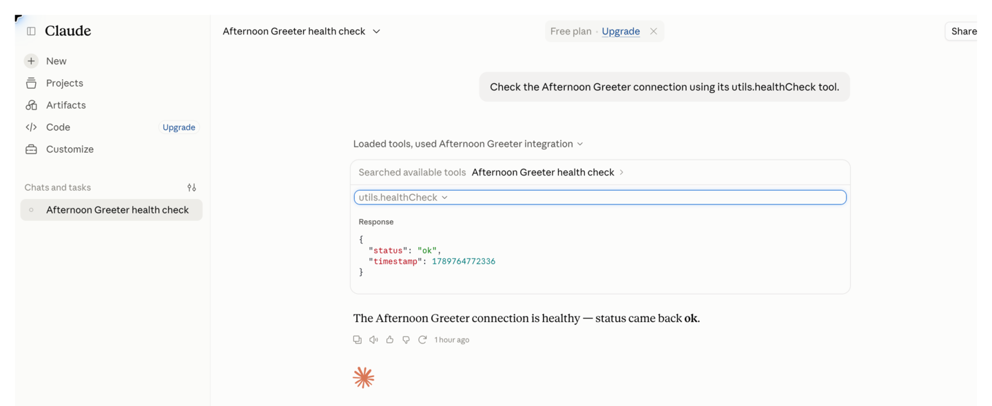A Claude chat calling the app's tool and showing the result