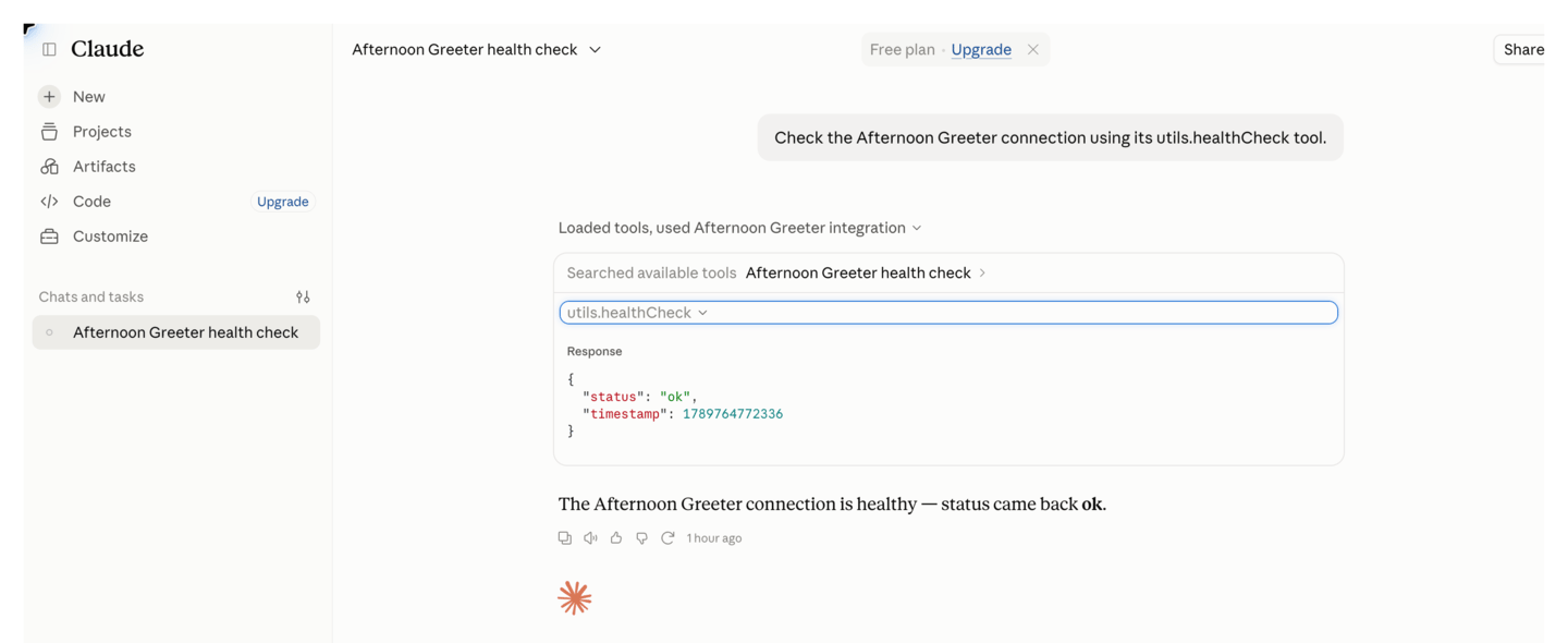 A Claude chat calling the app's tool and showing the result