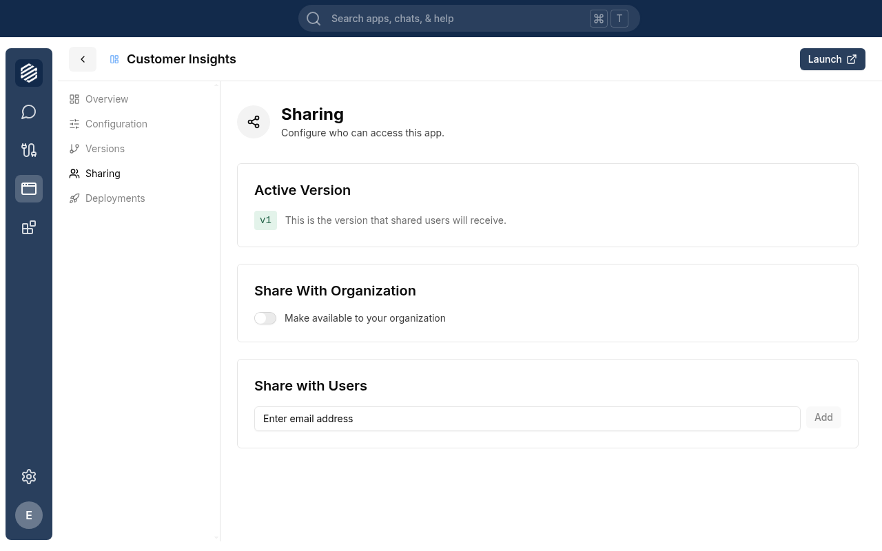 The app details view with the Sharing tab selected, showing the Share With Organization and Share with Users sections