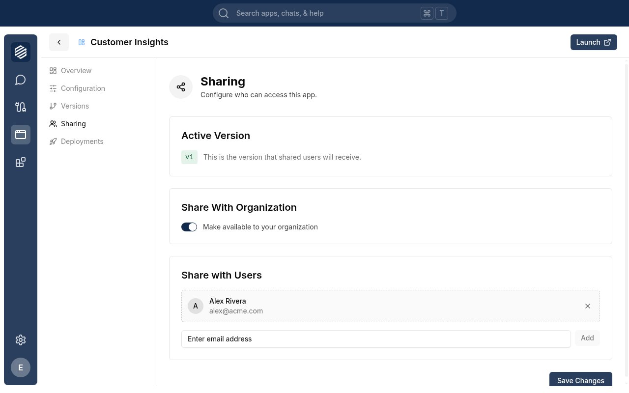 The Share with Users section showing a filled-in email field with a person listed below it and the permission dropdown visible