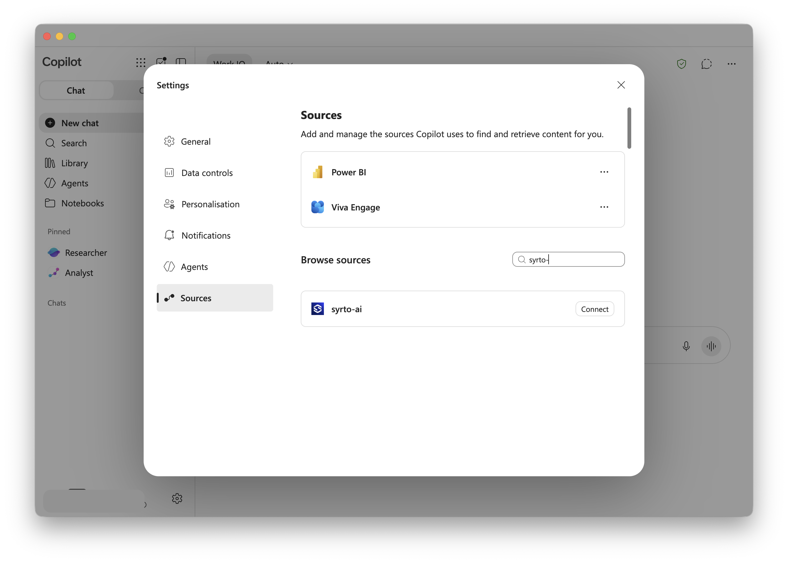 The Sources settings pane with syrto typed in the browse field and the syrto-ai source listed with a Connect button