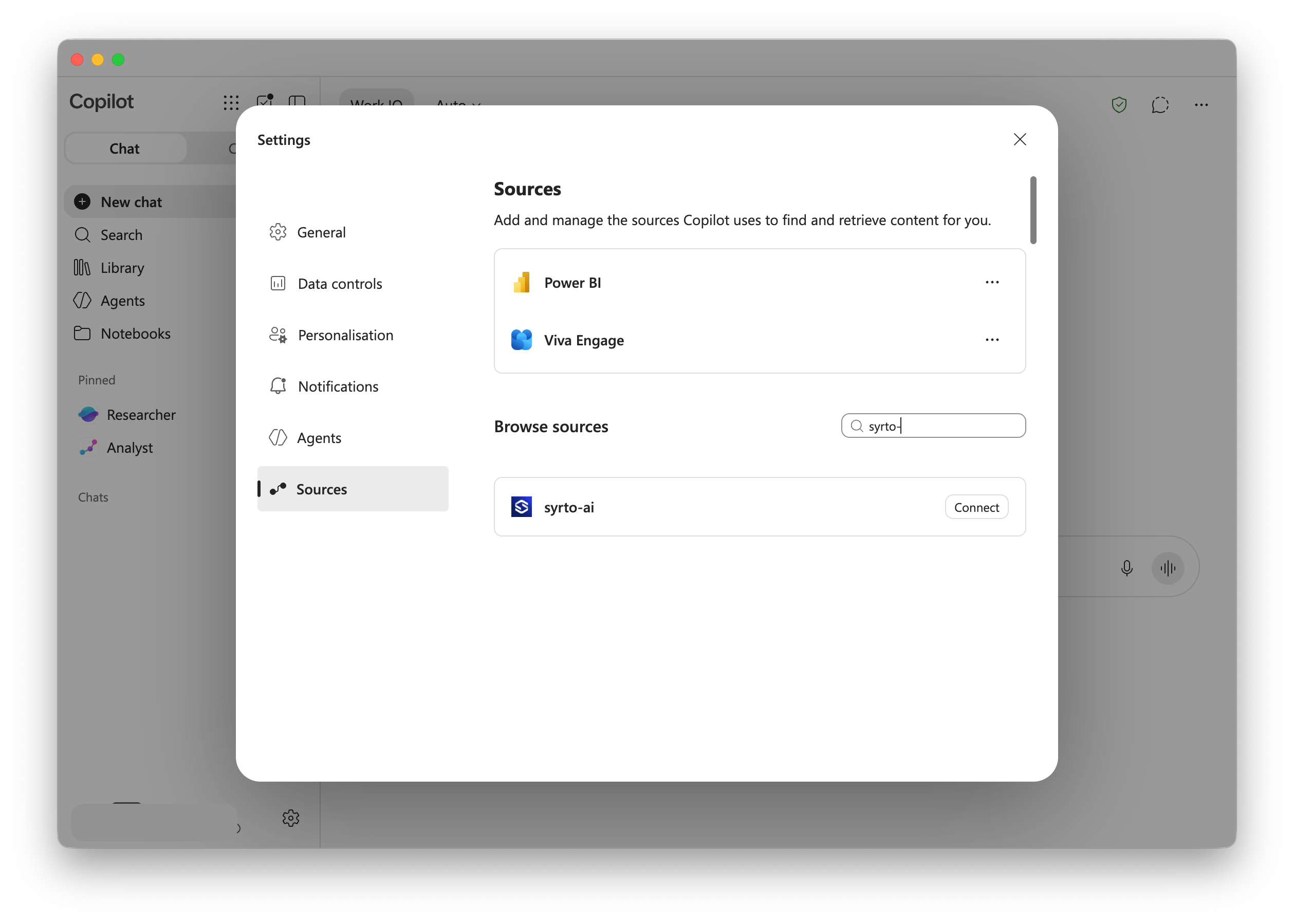 The Sources settings pane with syrto typed in the browse field and the syrto-ai source listed with a Connect button