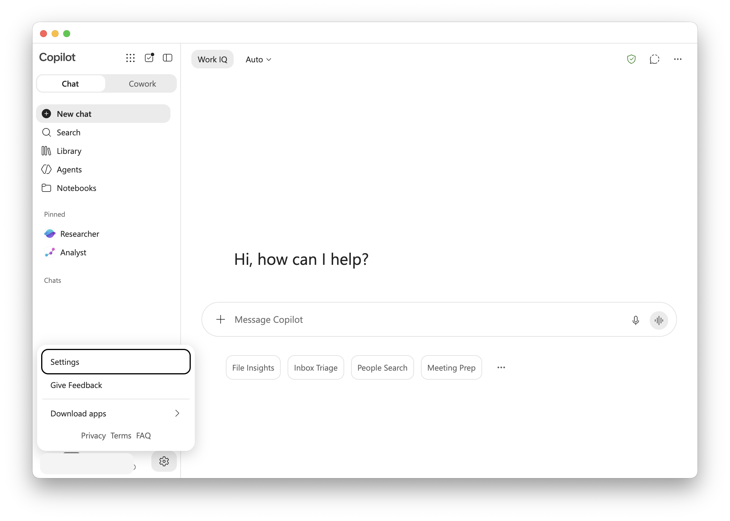 The Copilot sidebar with the settings menu open and Settings highlighted