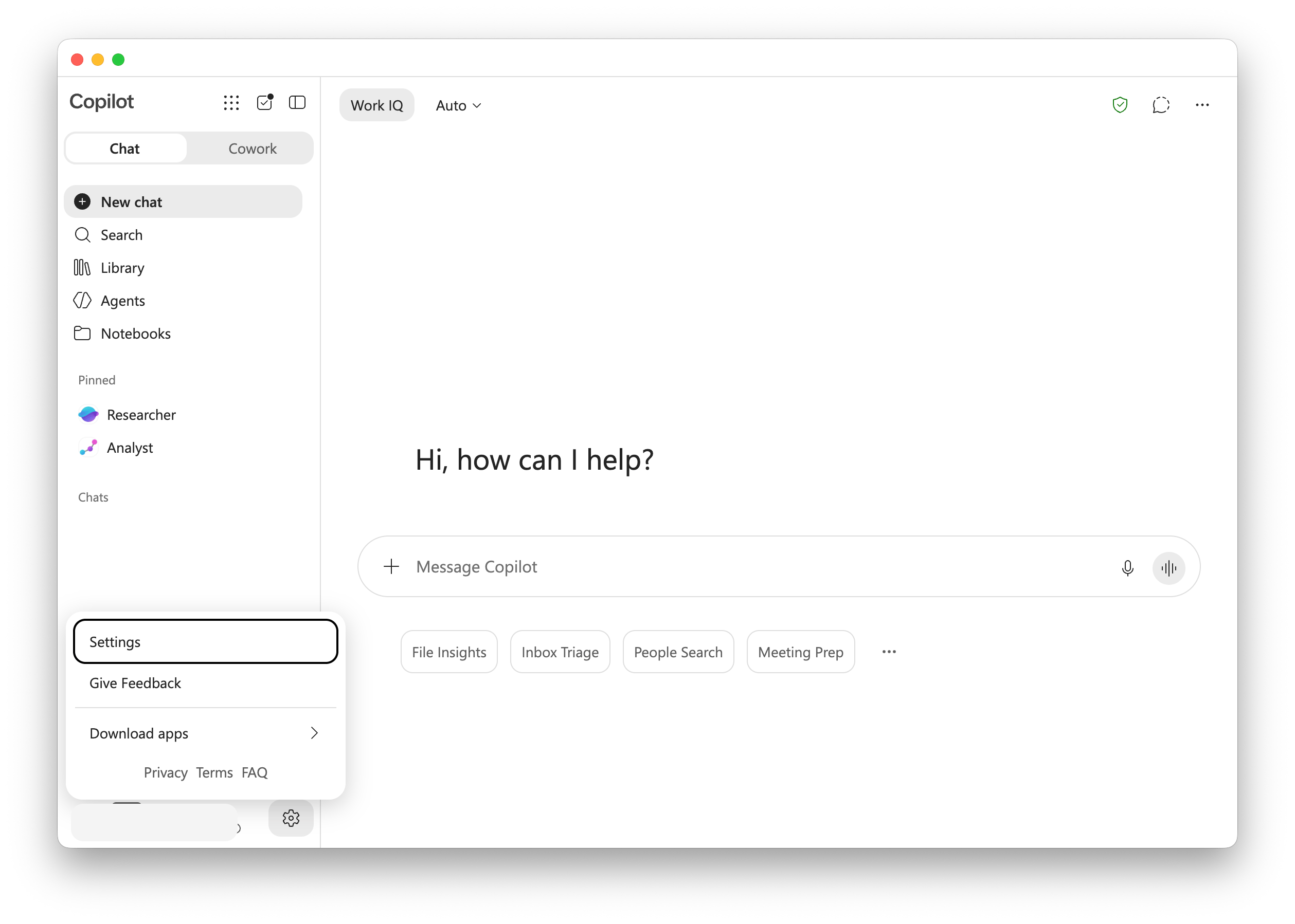 The Copilot sidebar with the settings menu open and Settings highlighted