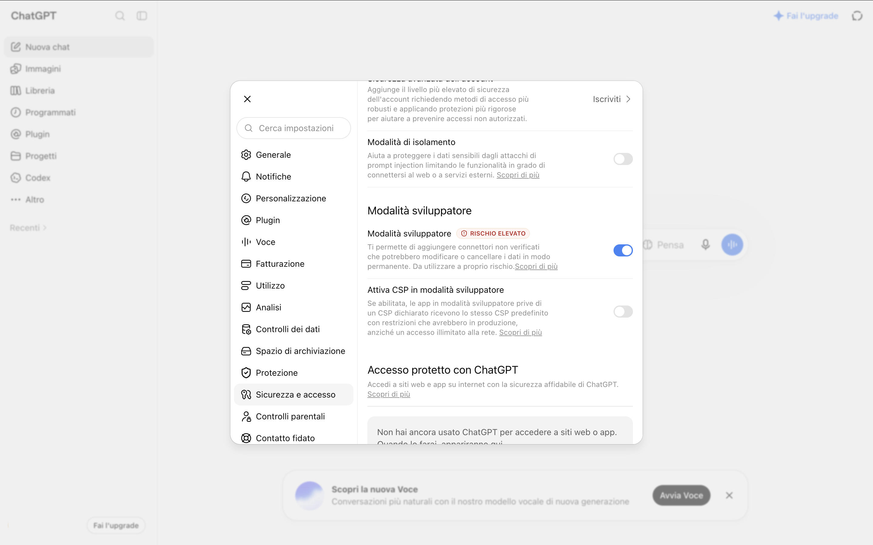 The ChatGPT security settings with the Developer mode toggle switched on, carrying a high risk badge