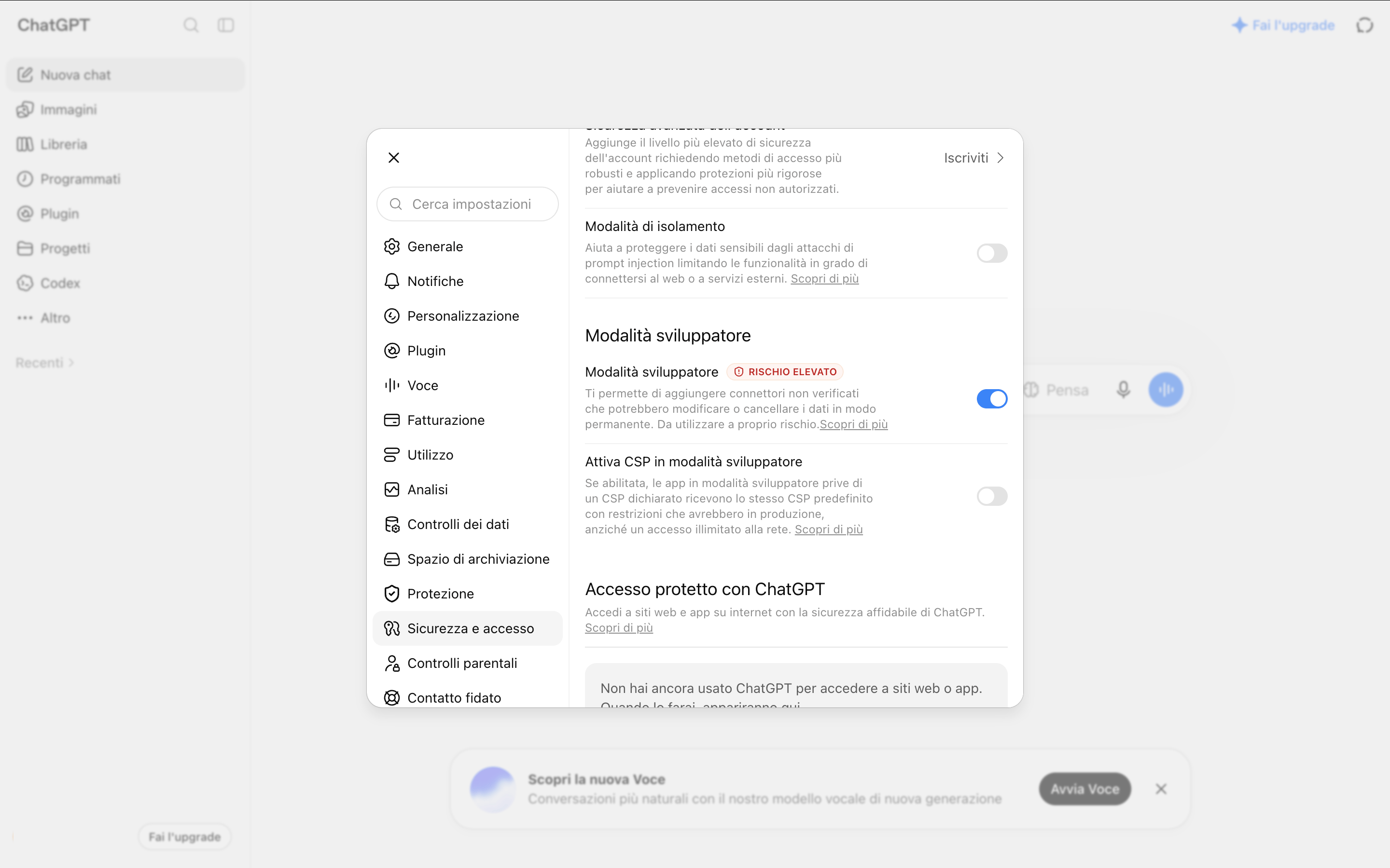 The ChatGPT security settings with the Developer mode toggle switched on, carrying a high risk badge