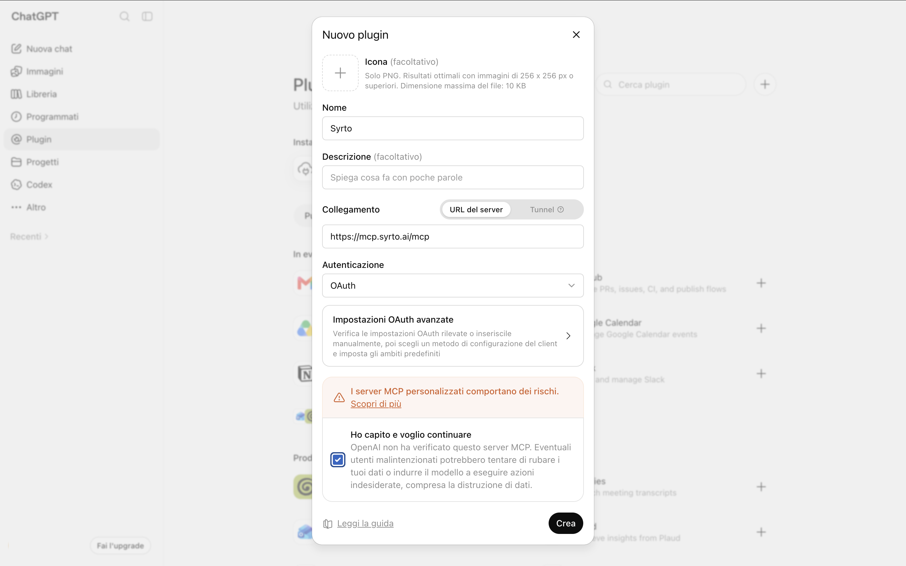 The New plugin dialog filled in with the name Syrto, the server URL https://mcp.syrto.ai/mcp, OAuth authentication, and the confirmation checkbox ticked