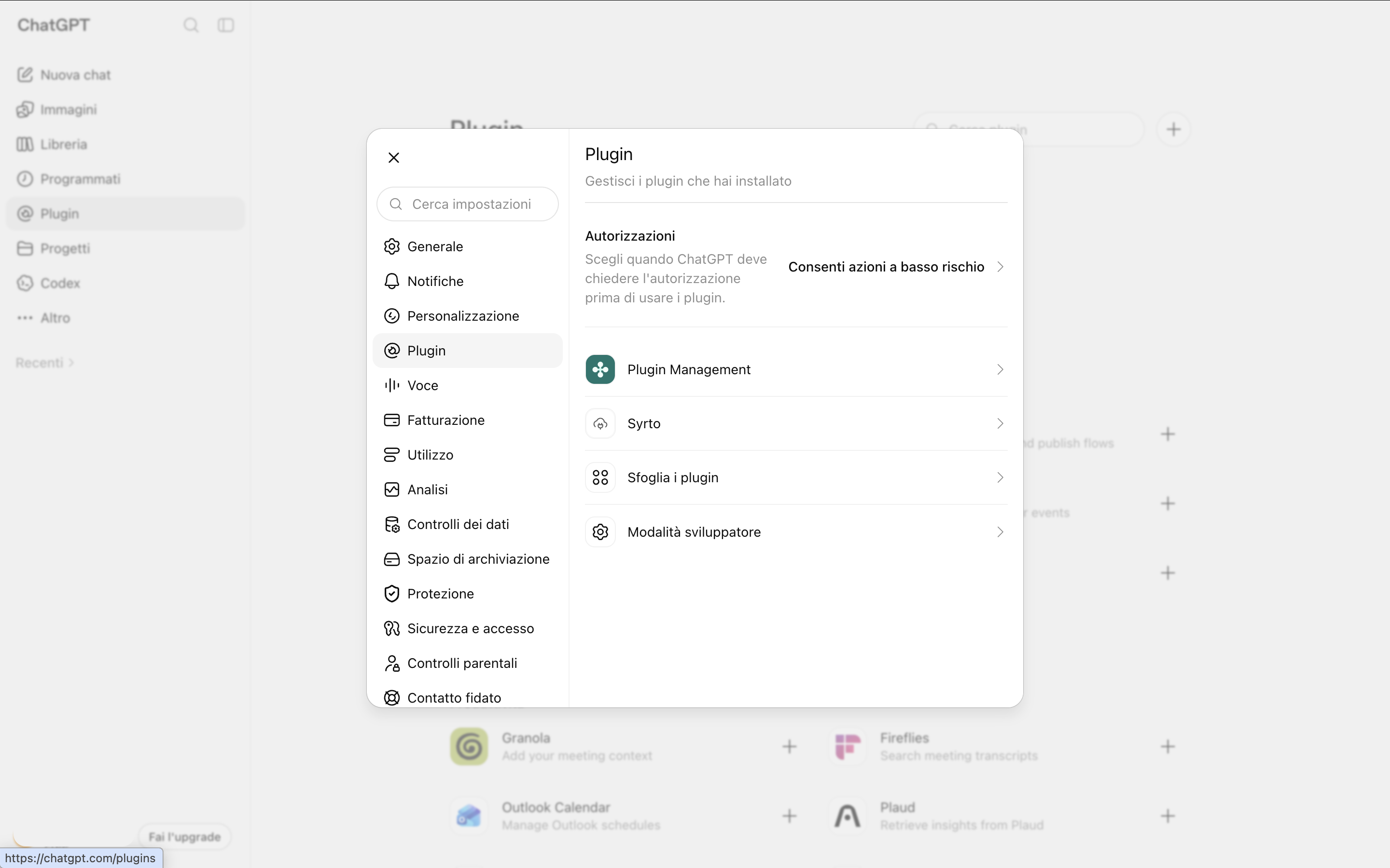 The ChatGPT plugin settings listing Syrto among the installed plugins