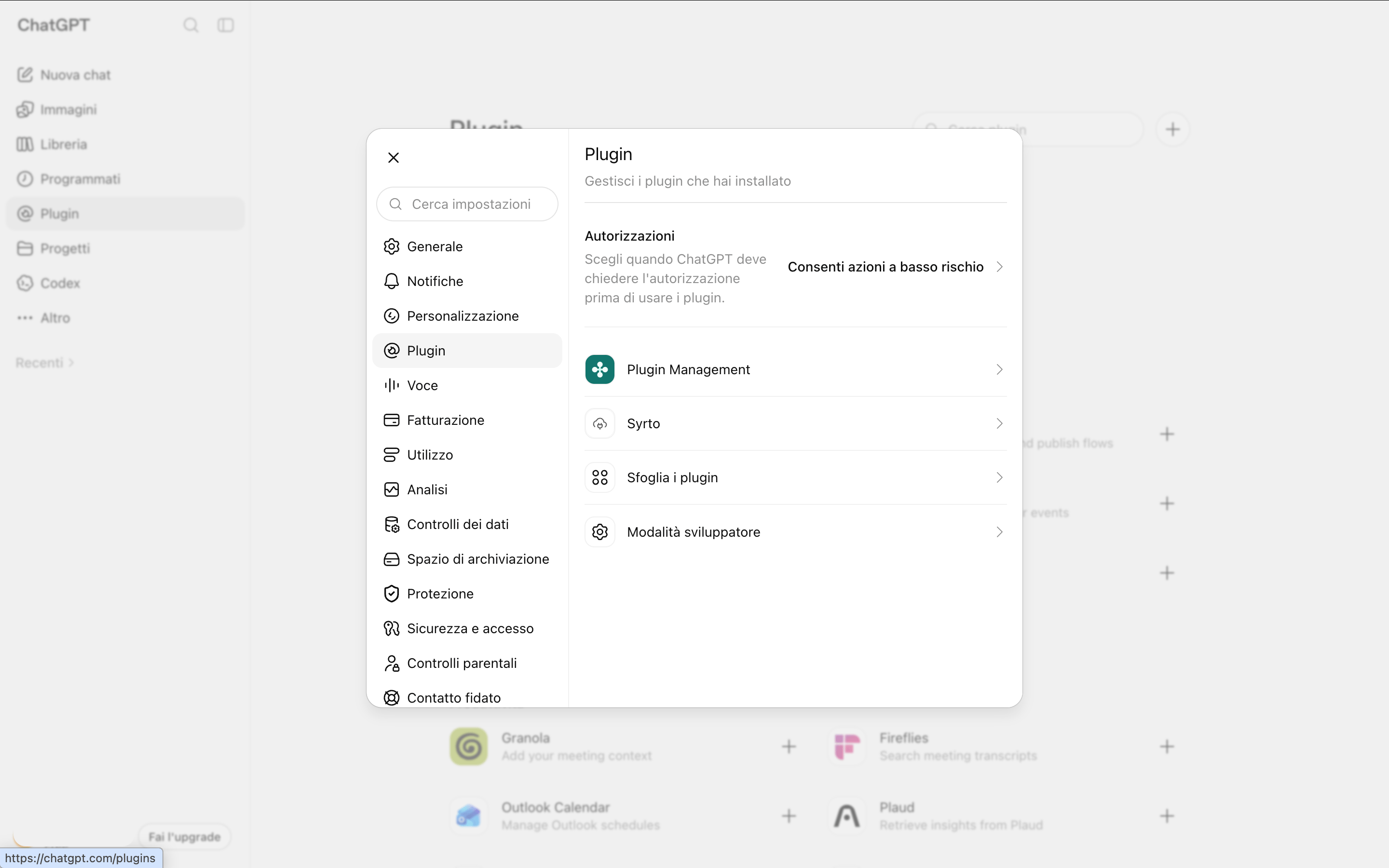 The ChatGPT plugin settings listing Syrto among the installed plugins