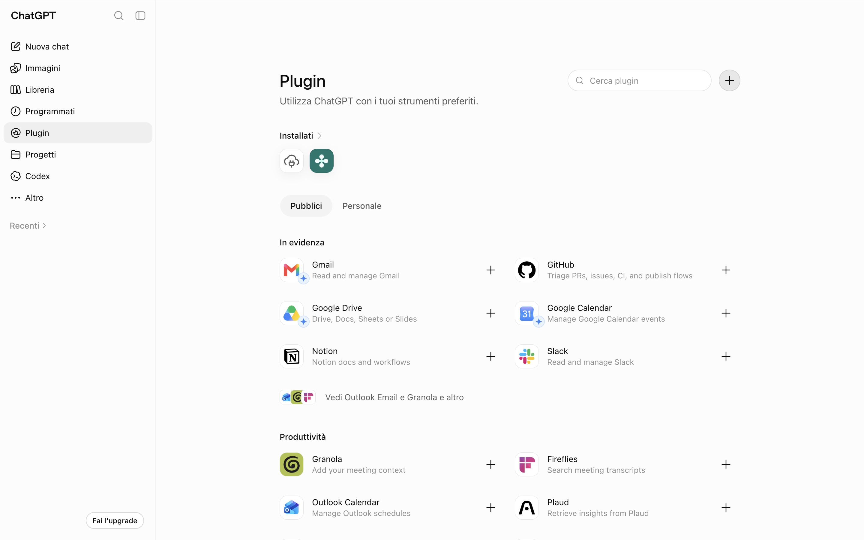 The ChatGPT Plugins page with the add button at the top right