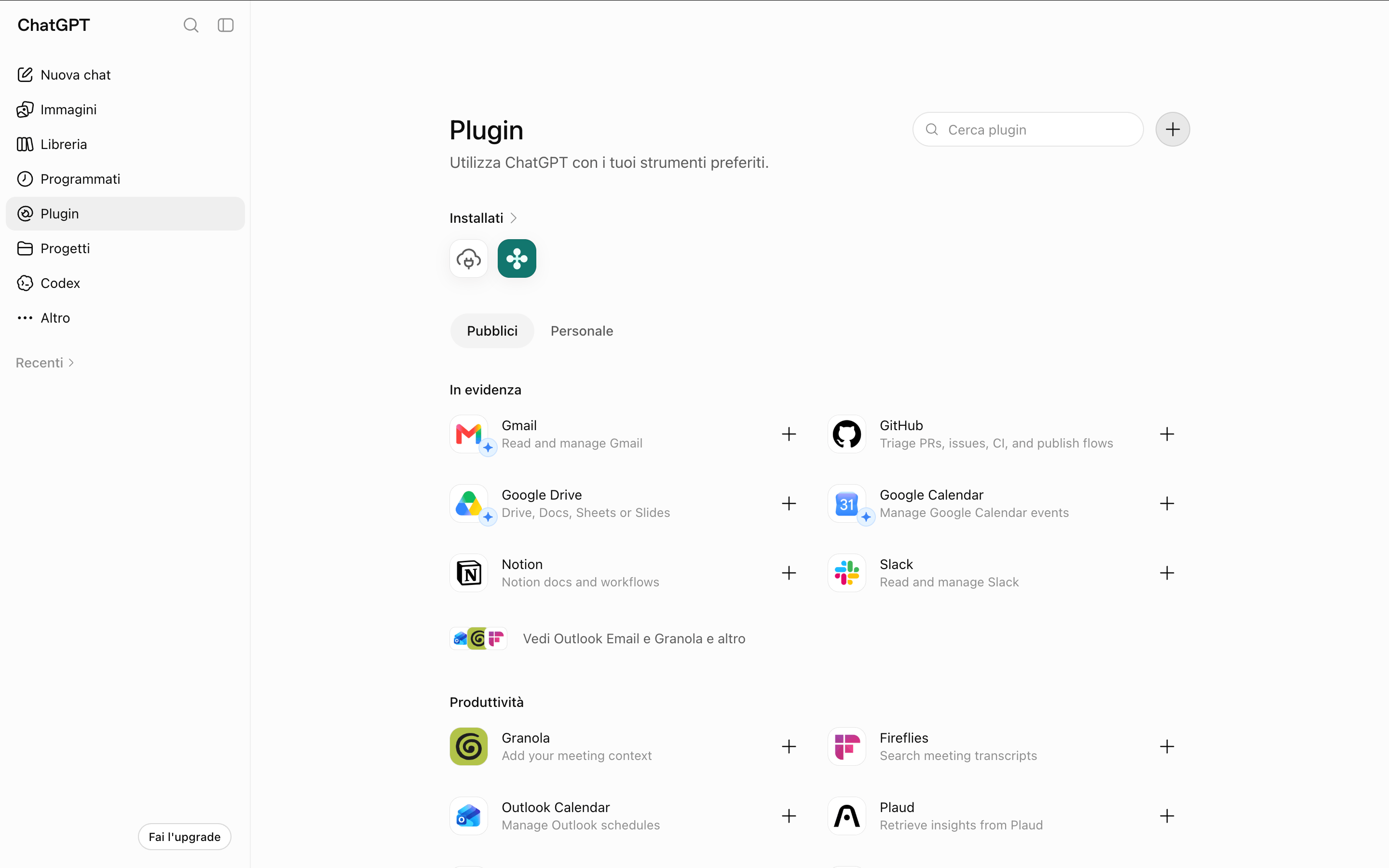 The ChatGPT Plugins page with the add button at the top right