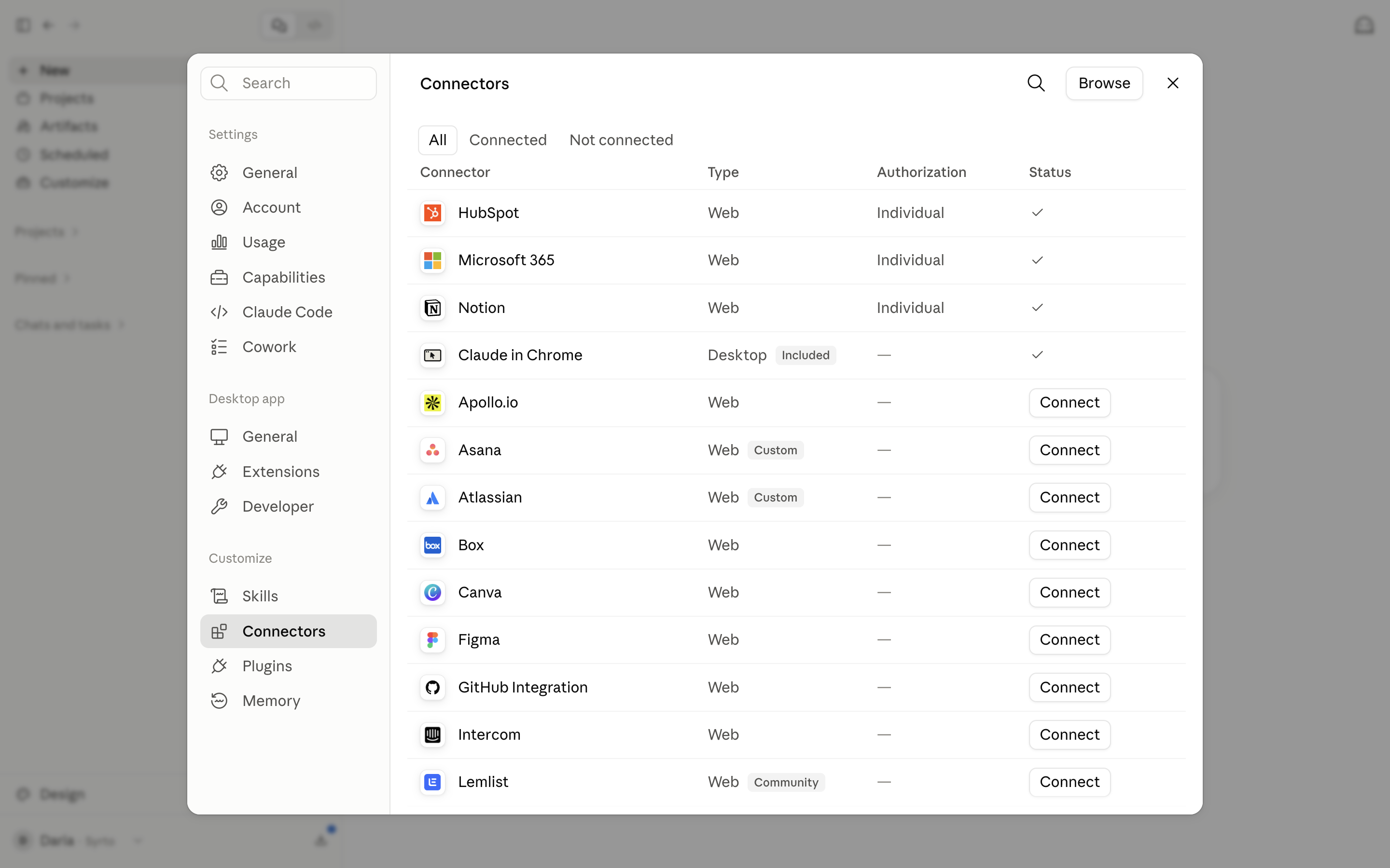 The Claude settings dialog showing the Connectors list with the Browse button at the top right