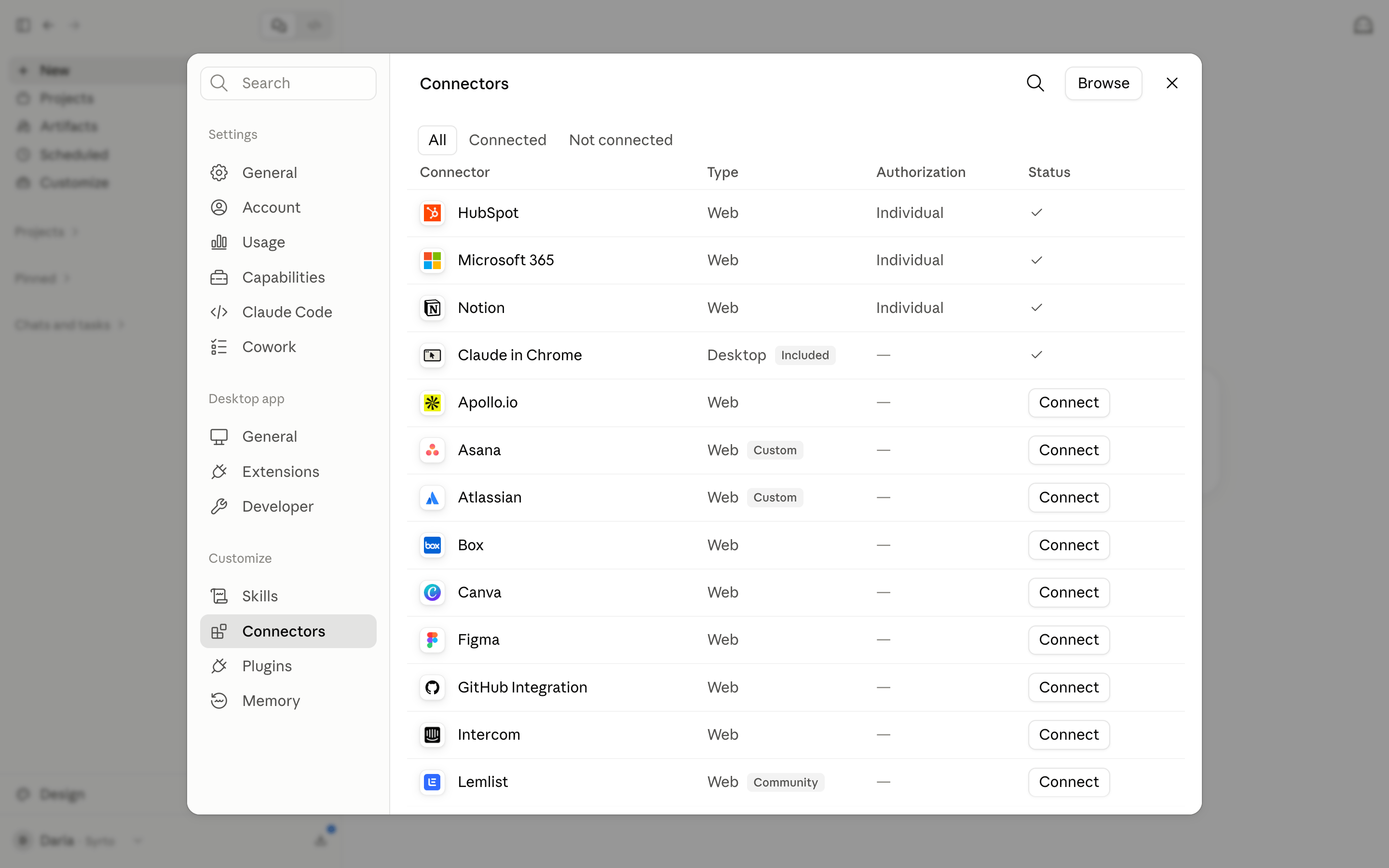 The Claude settings dialog showing the Connectors list with the Browse button at the top right