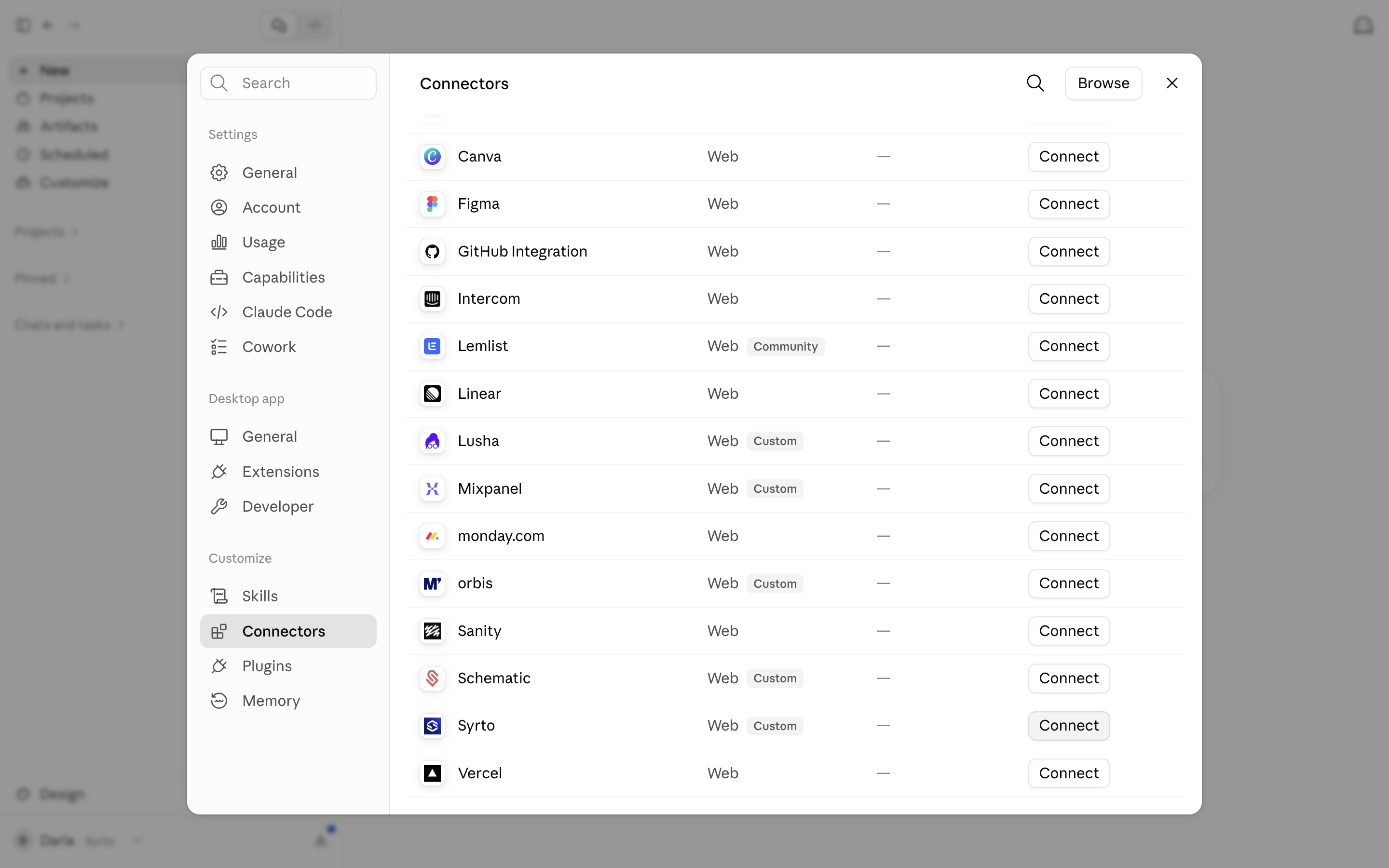 The Claude connectors list scrolled to Syrto, marked as a custom web connector, with its Connect button