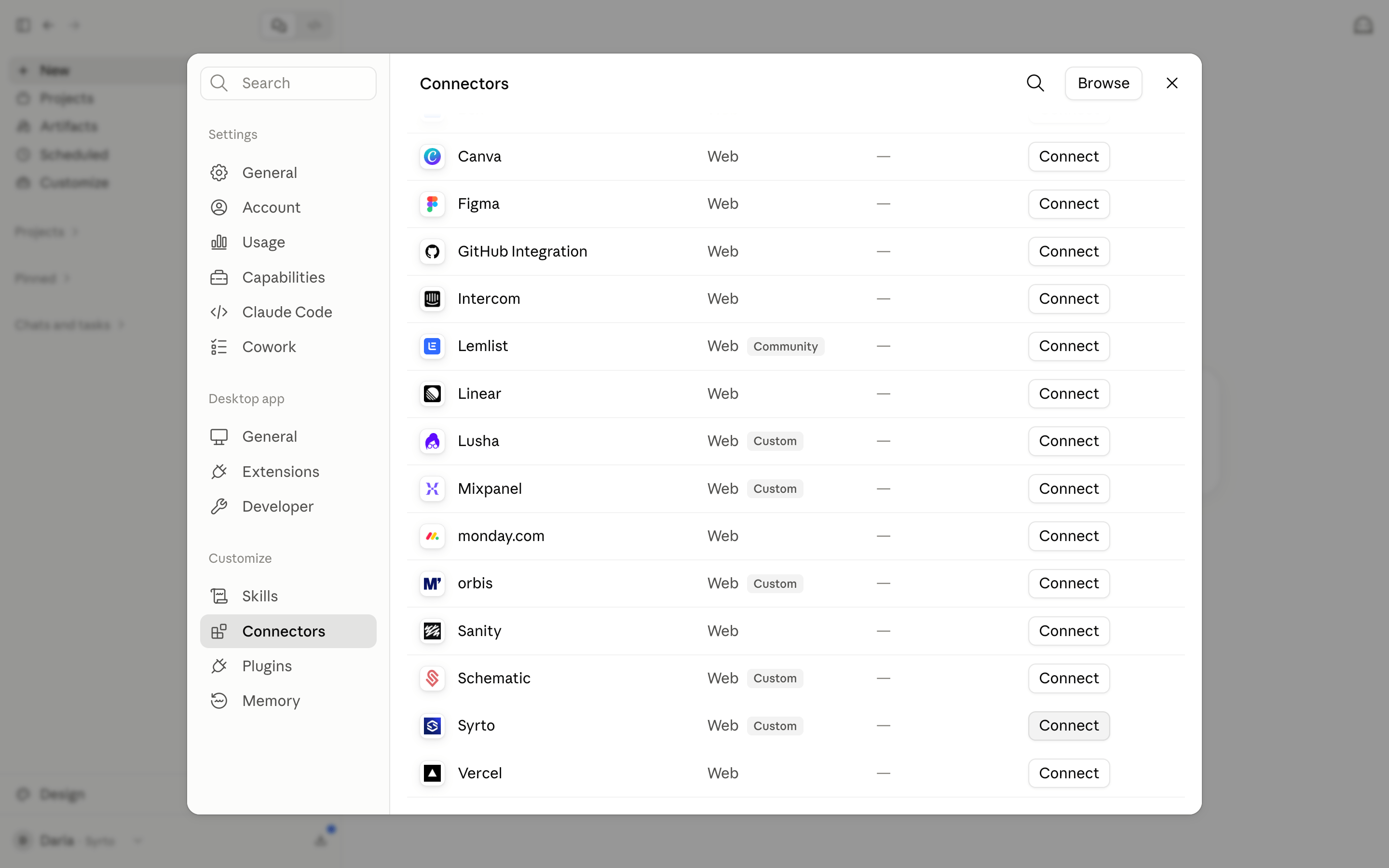 The Claude connectors list scrolled to Syrto, marked as a custom web connector, with its Connect button