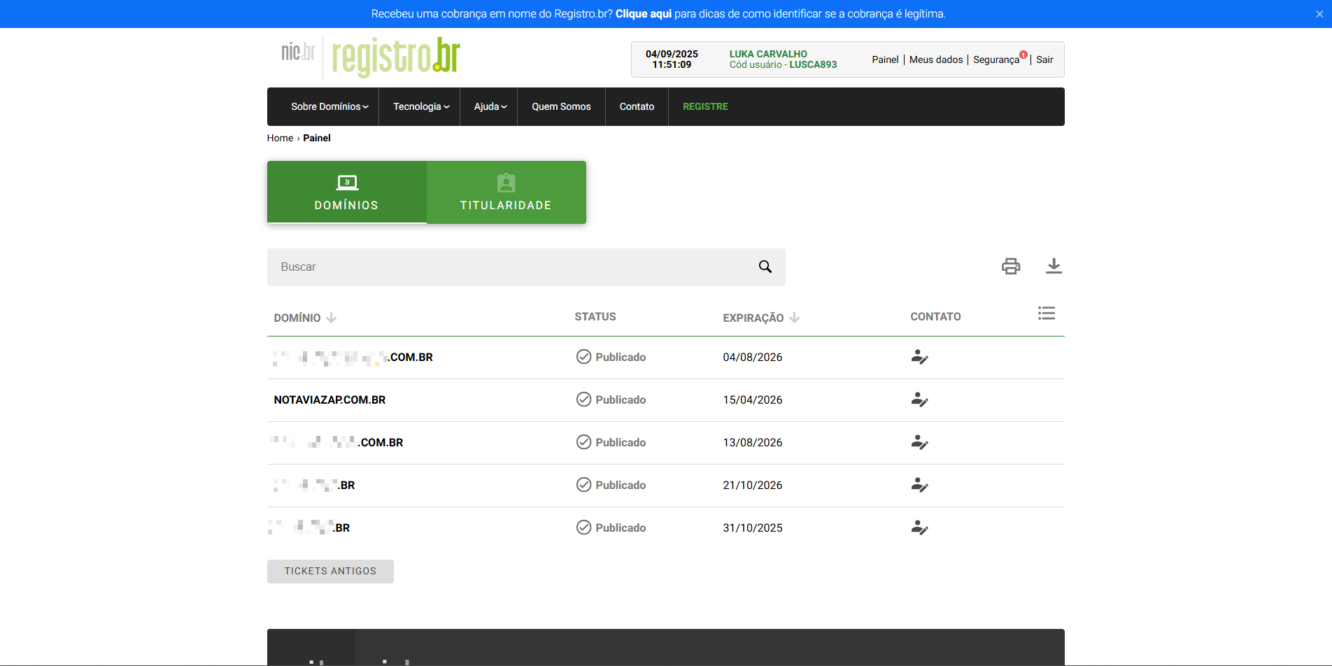 Lista de domínios no Registro.br