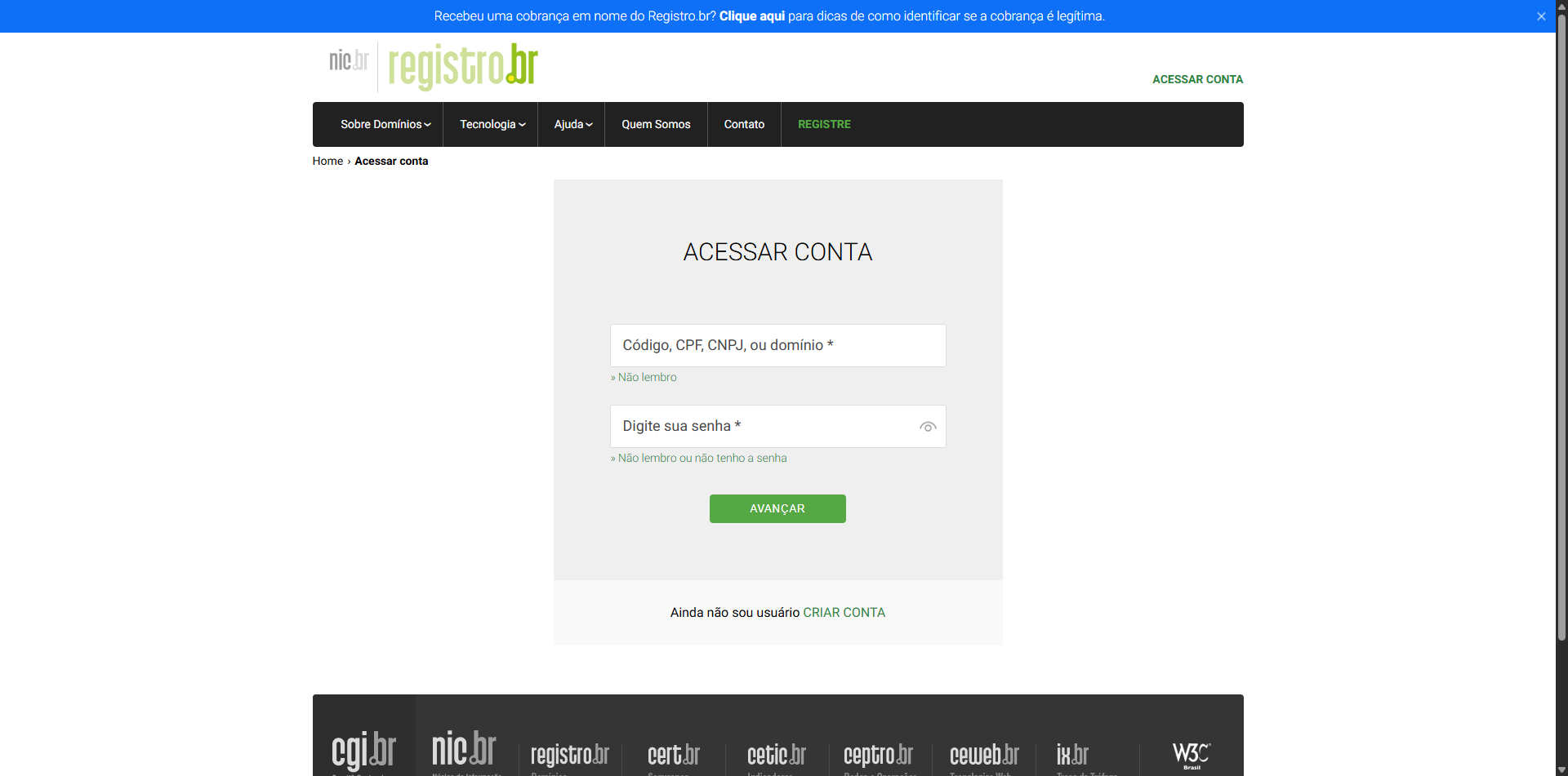 Pagina de login do Registro.br