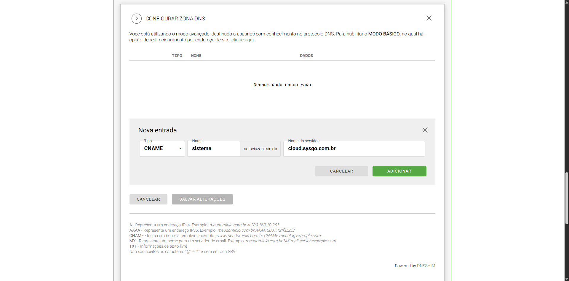 Adicionar registro CNAME no Registro.br