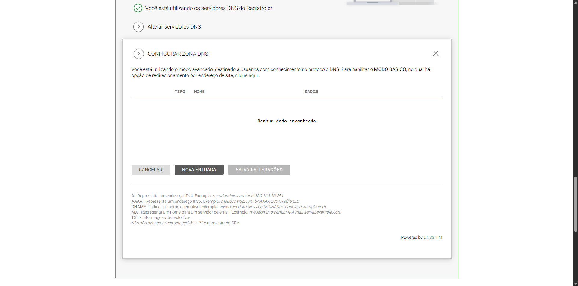 Seção de DNS no Registro.br