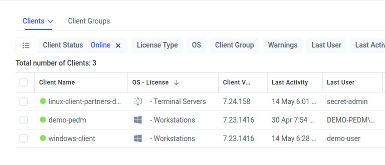 A newly registered client showing Online status