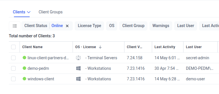A newly registered client showing Online status