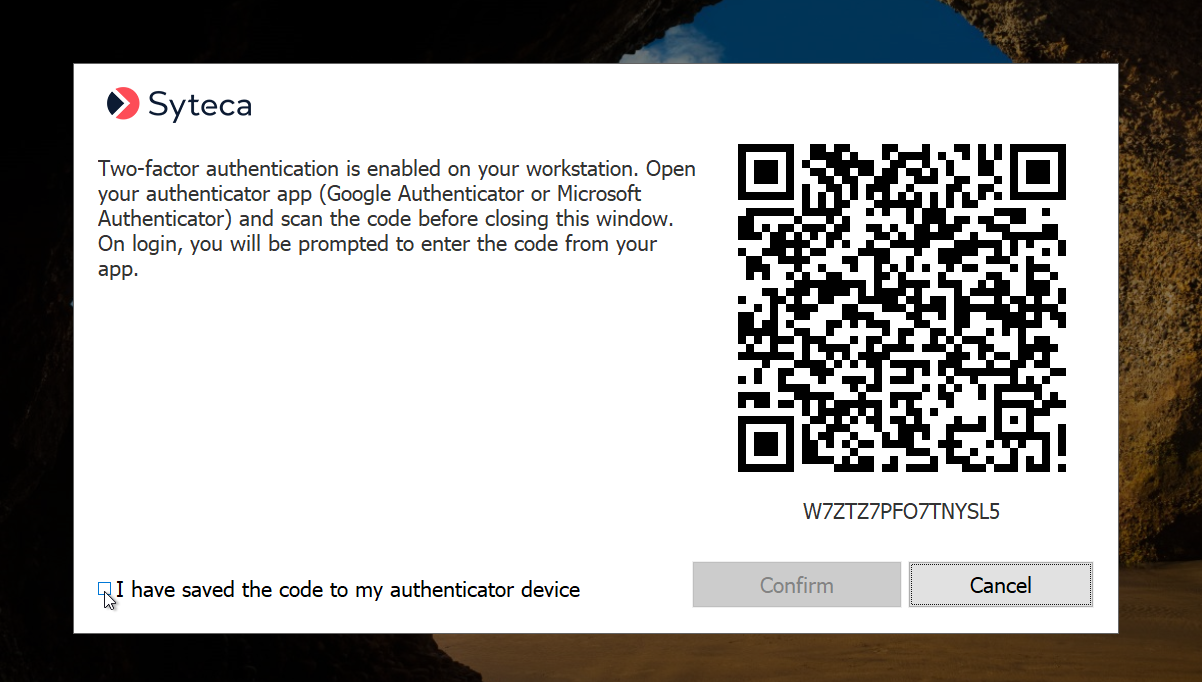 2FA setup screen showing QR code, manual setup key, recovery code, and 6-digit confirmation field