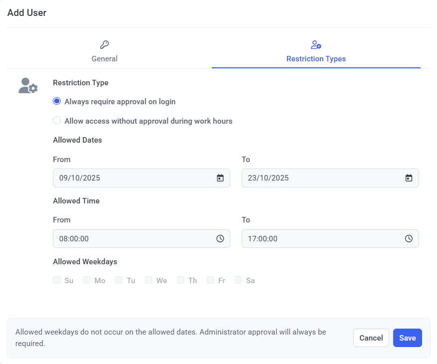 Add User dialog showing the Restriction Types tab