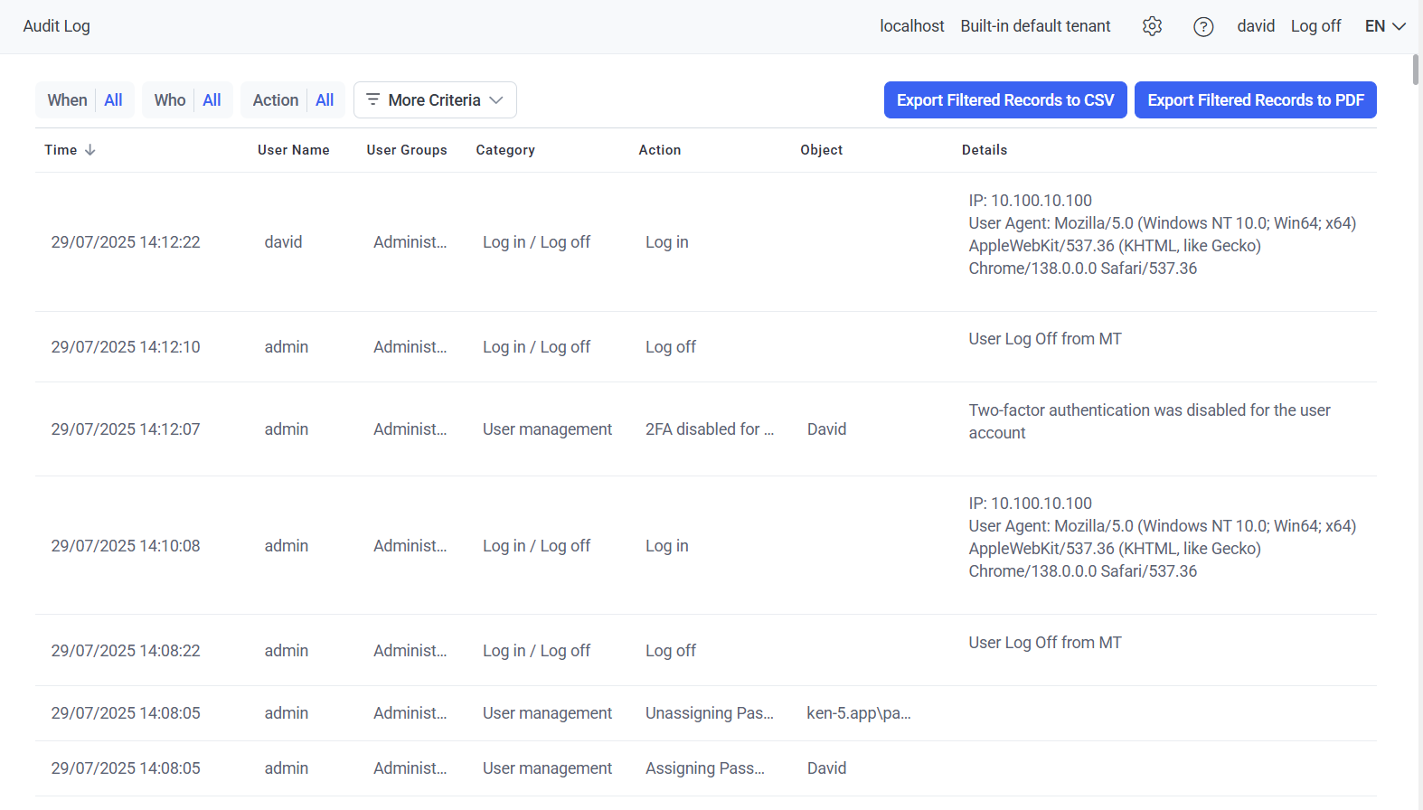 Audit Log page showing the transaction-log grid with category, action, and details columns