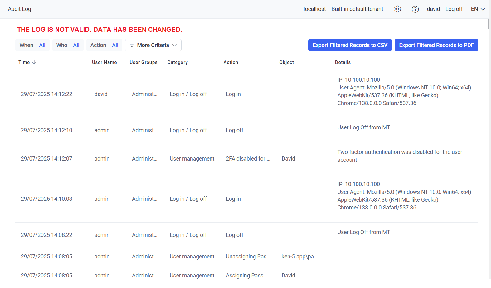 Audit Log page showing the tamper warning banner and red invalid entries