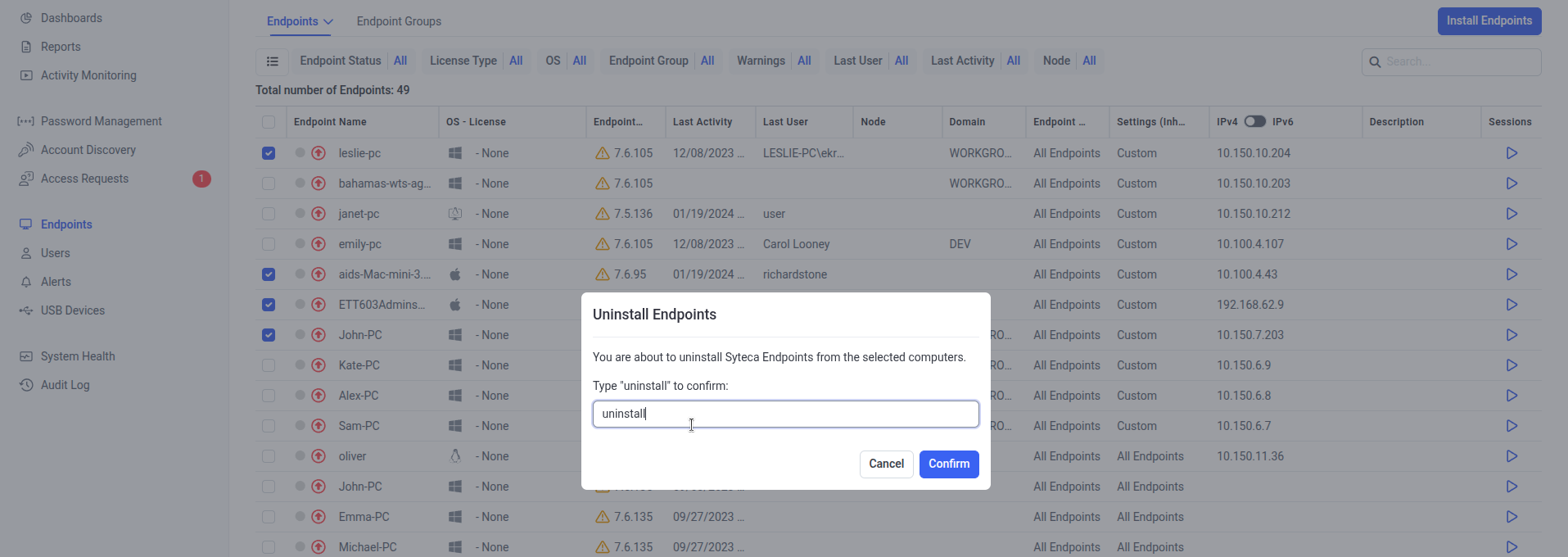 Uninstall Clients confirmation dialog showing the field requiring the word 'uninstall' to be typed before the Confirm button activates