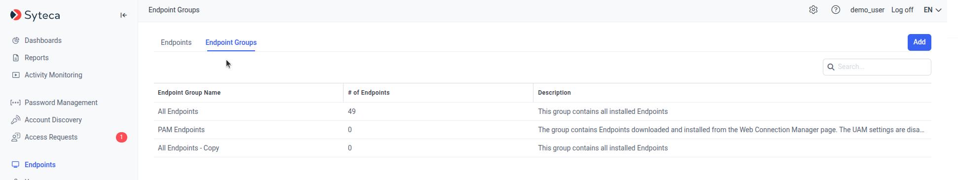 Client Groups tab showing the All Clients default group and several custom Client groups with member counts