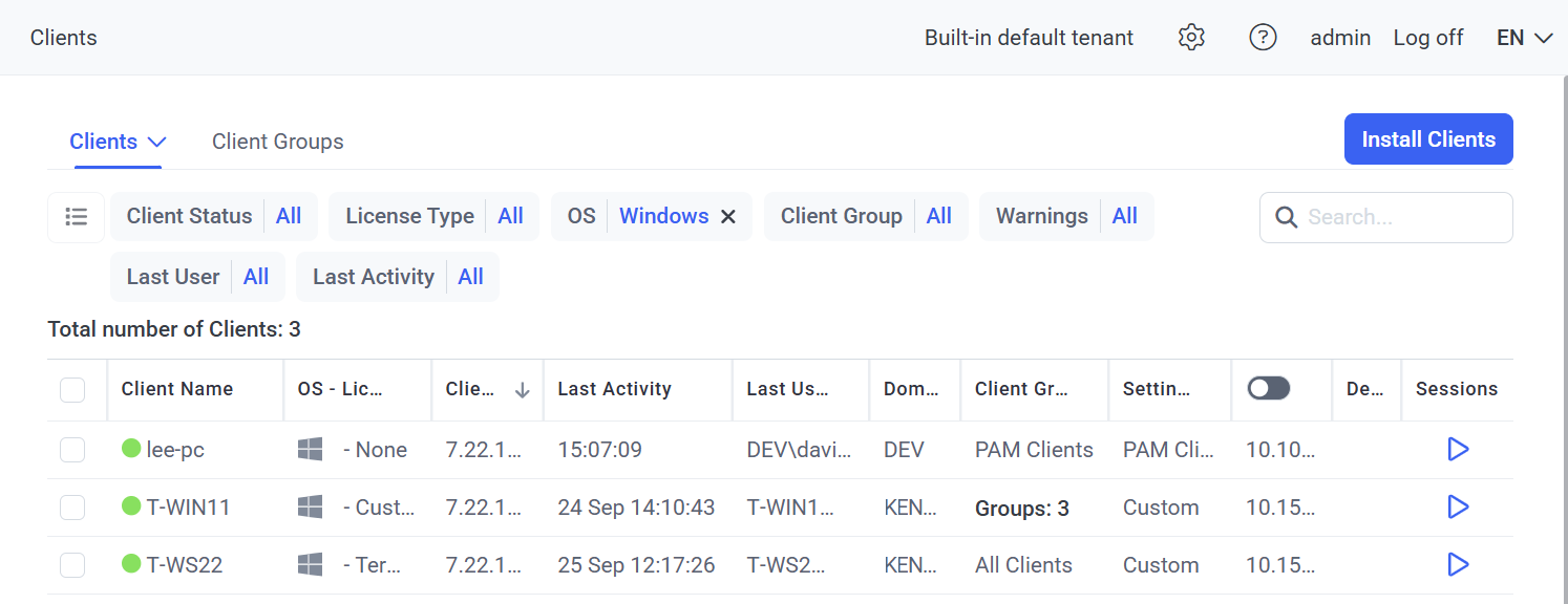 Clients page showing the grid with status dots, OS icons, version checkmarks, and inheritance state across multiple Clients